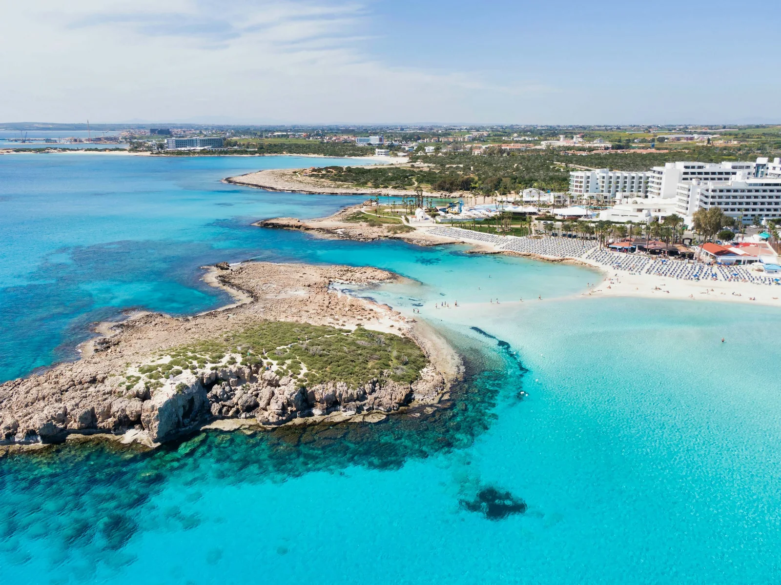 Aerial view of Nissi Beach and its islet near Ayia Napa