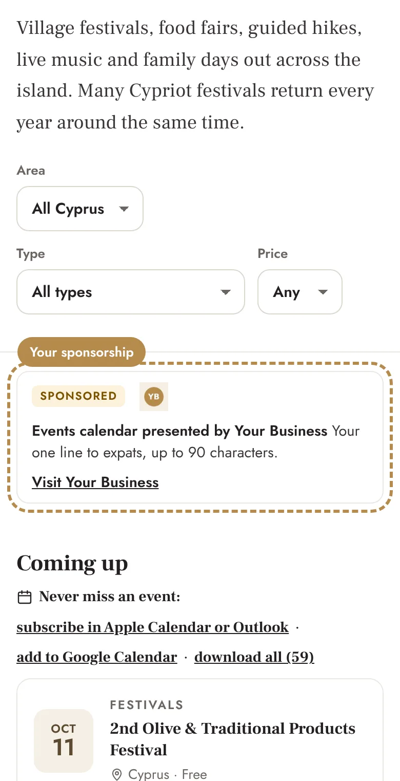 Example: “Events calendar presented by” at the top of the calendar (phone)