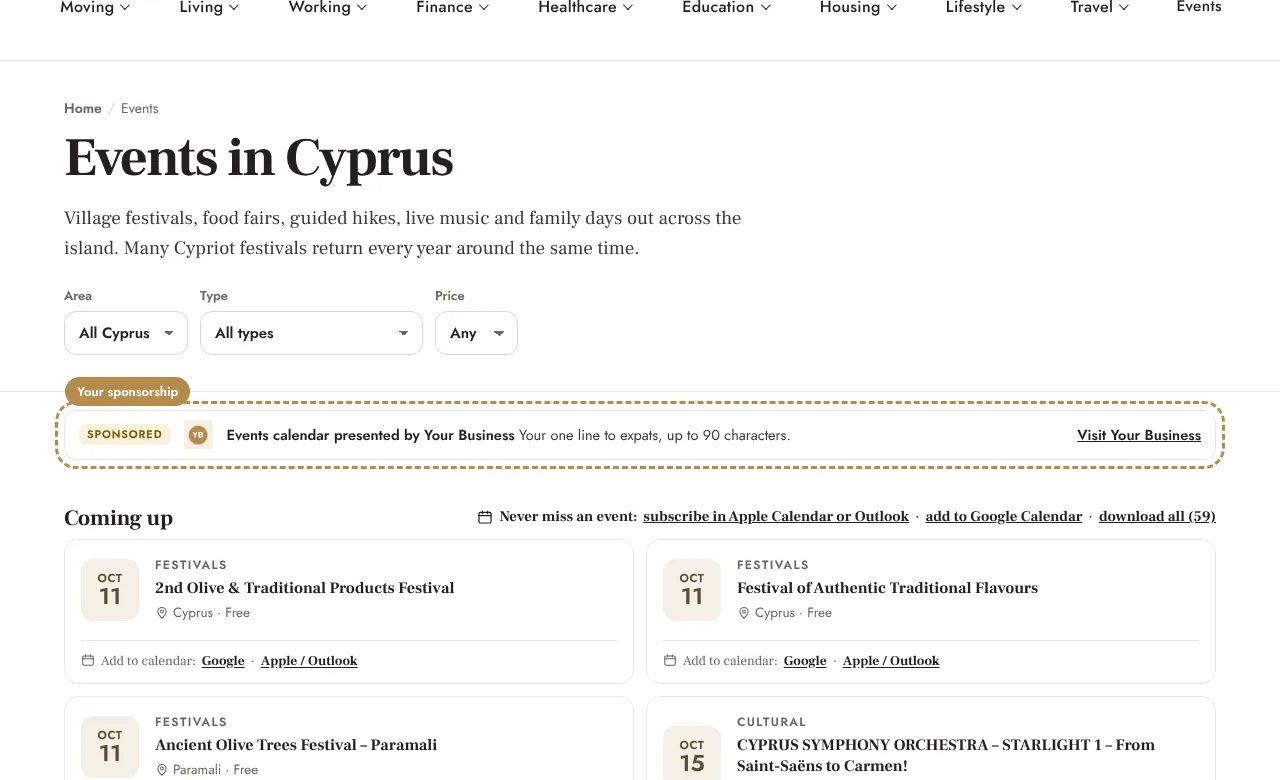 Example: “Events calendar presented by” at the top of the calendar (desktop)