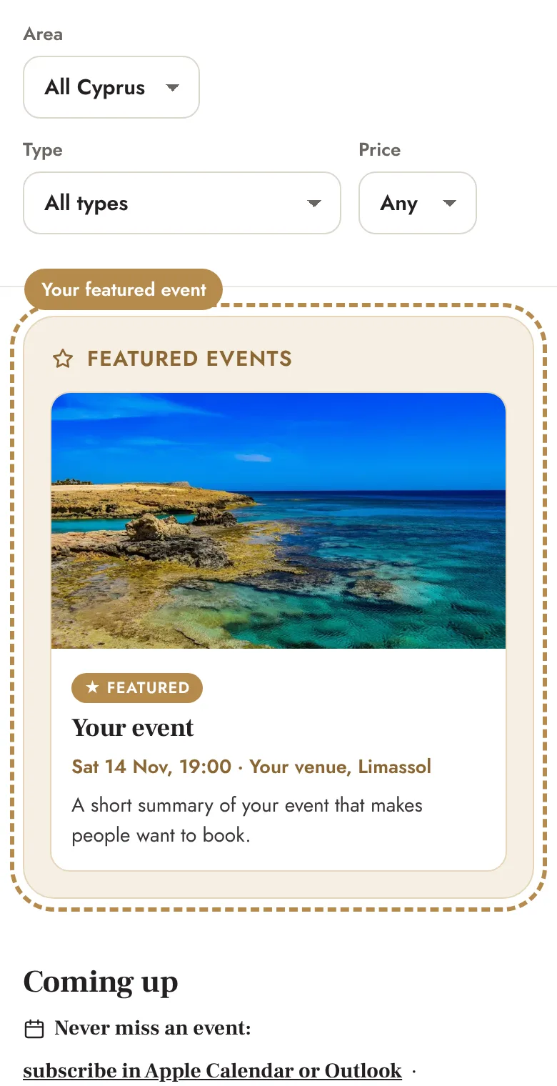 Example: The Featured events strip at the top of the events calendar (phone)