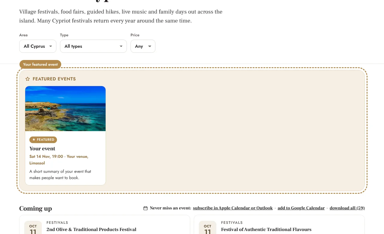 Example: The Featured events strip at the top of the events calendar (desktop)
