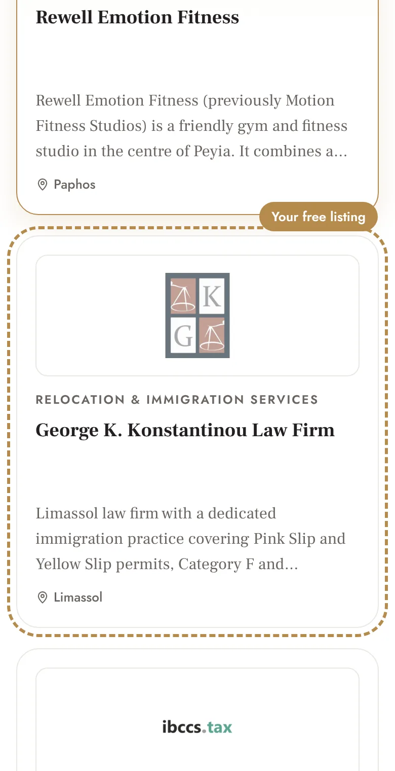 Example: Your card in the directory, next to the other businesses in your category (phone)