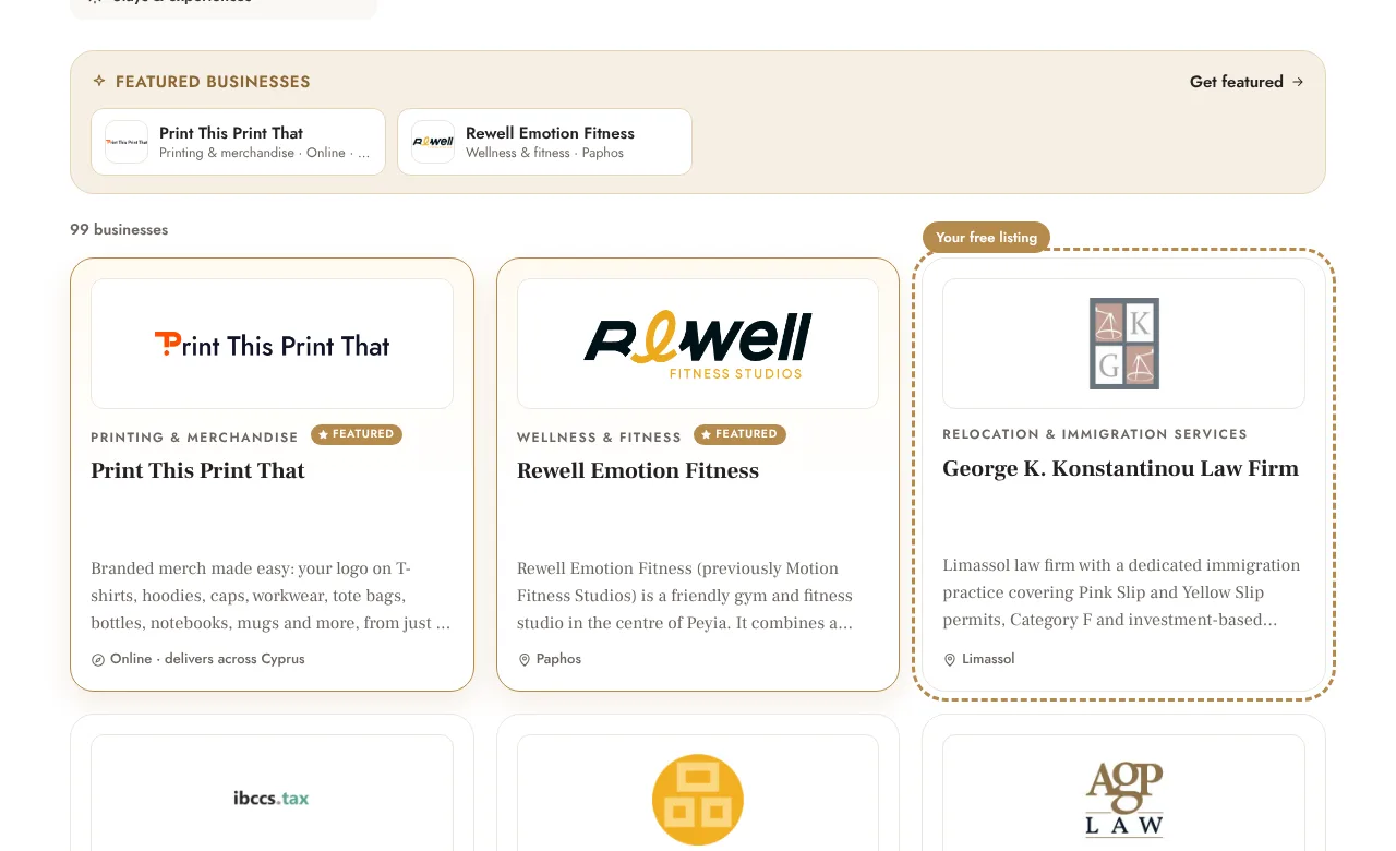 Example: Your card in the directory, next to the other businesses in your category (desktop)