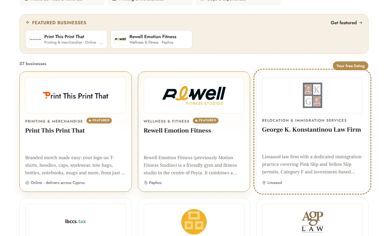 Example: Your card in the directory, next to the other businesses in your category (desktop)