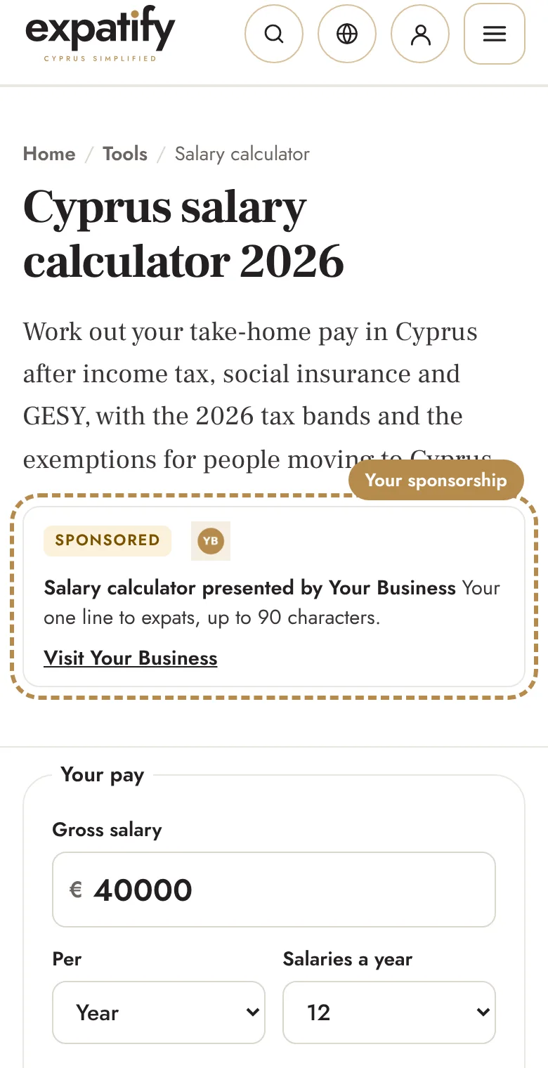 Example: Your sponsorship at the top of the salary calculator (phone)