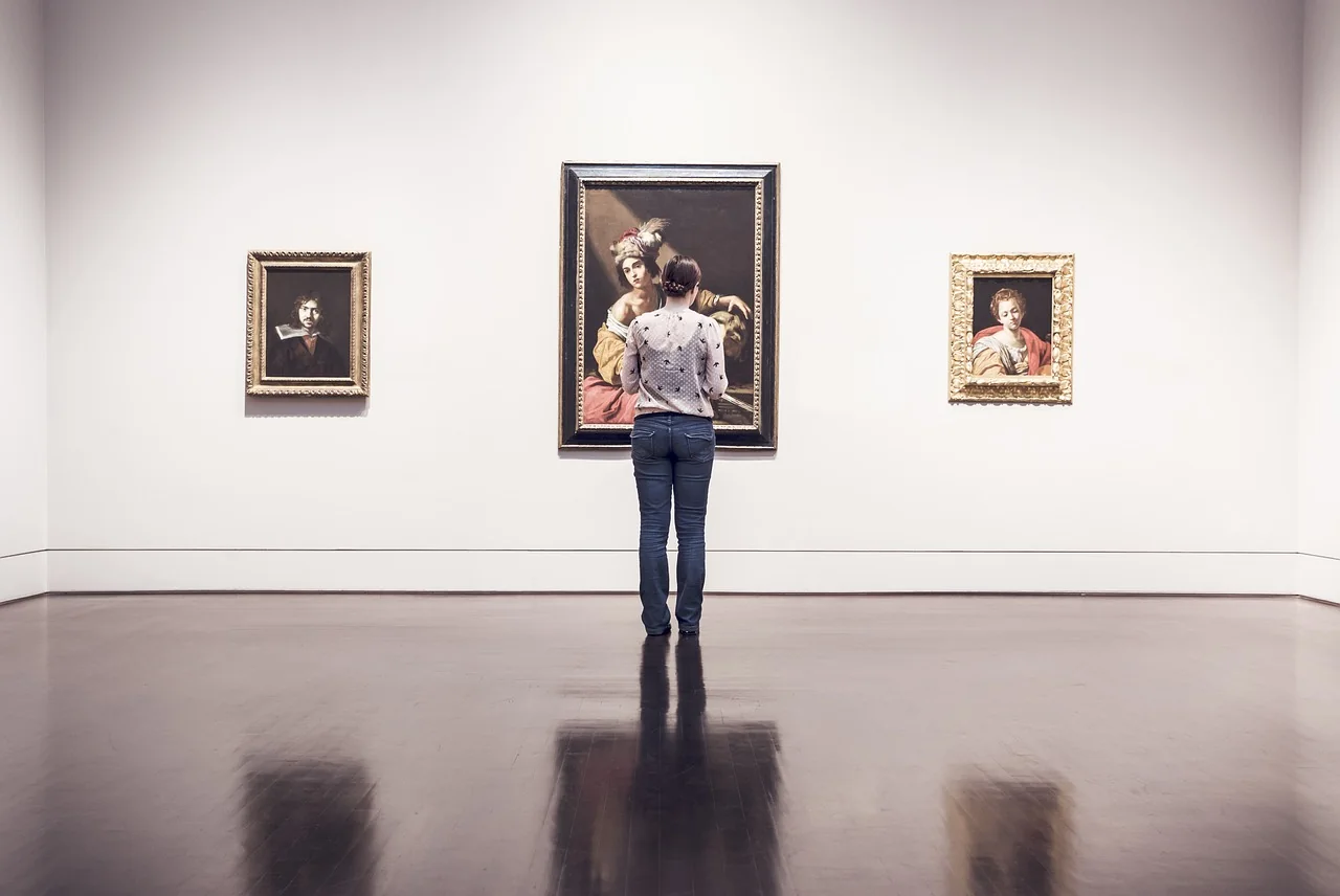 Paintings on display in an art gallery
