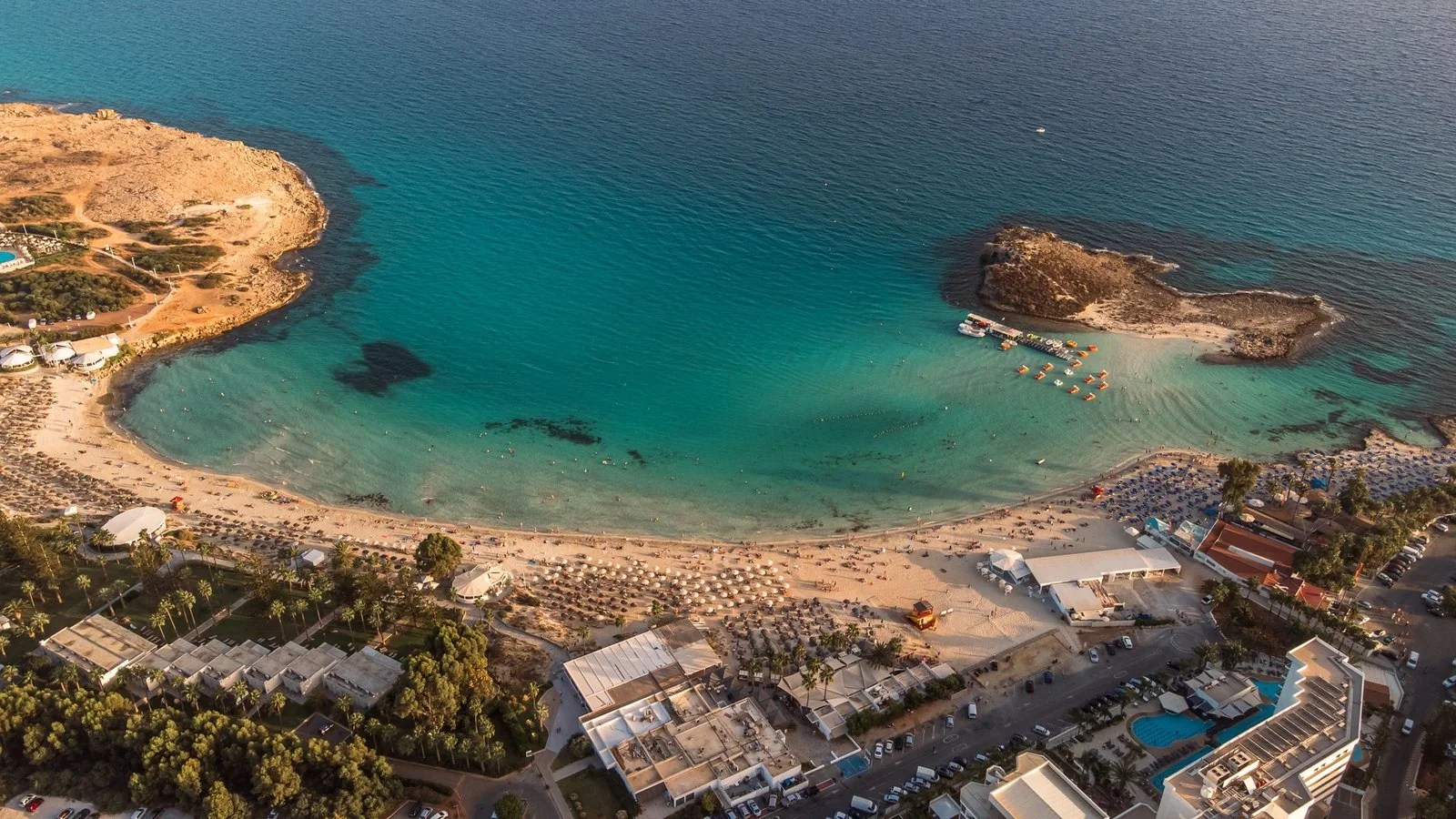 Aerial view of Nissi Beach, a Blue Flag beach in Cyprus