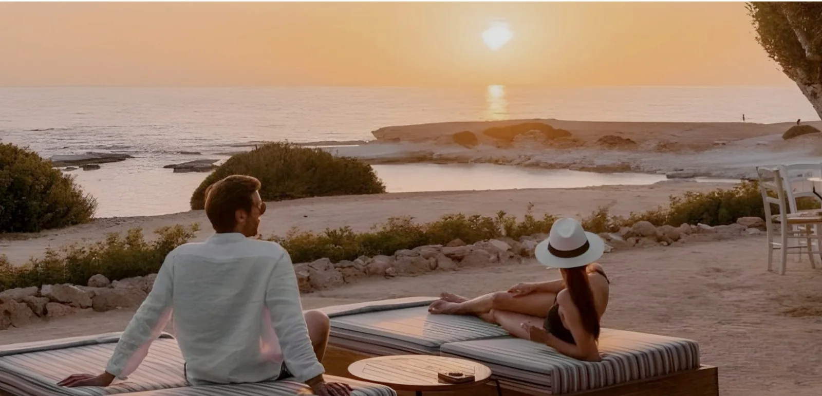 Sunset over the sea from the beach terrace at Cap St Georges, Peyia