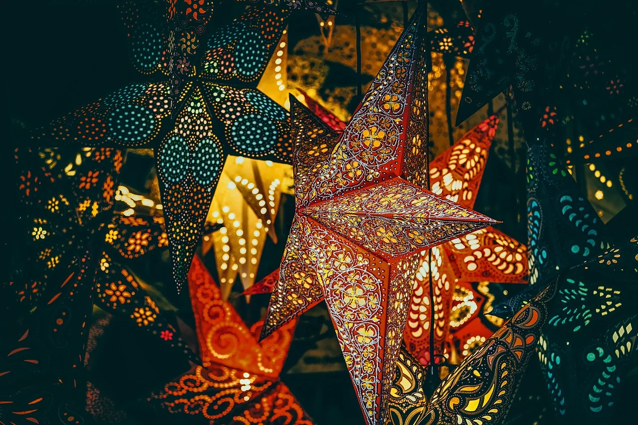 Christmas baubles and decorations on sale at a festive market stall