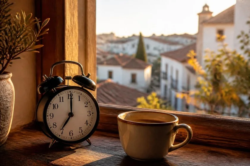 Alarm clock and coffee on a windowsill in the morning light