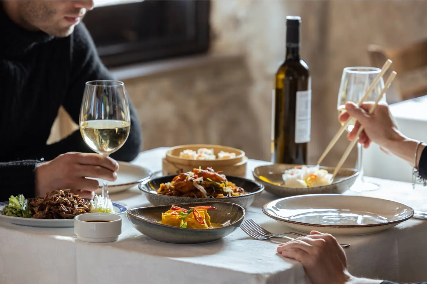 Asian-inspired dishes and wine at The Farm Yard Restaurant in Kathikas, Paphos