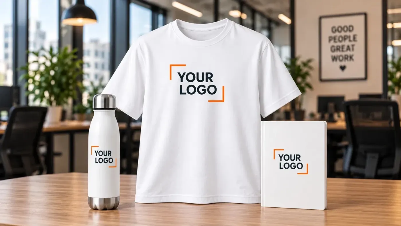 Branded T-shirt, water bottle and notebook for businesses