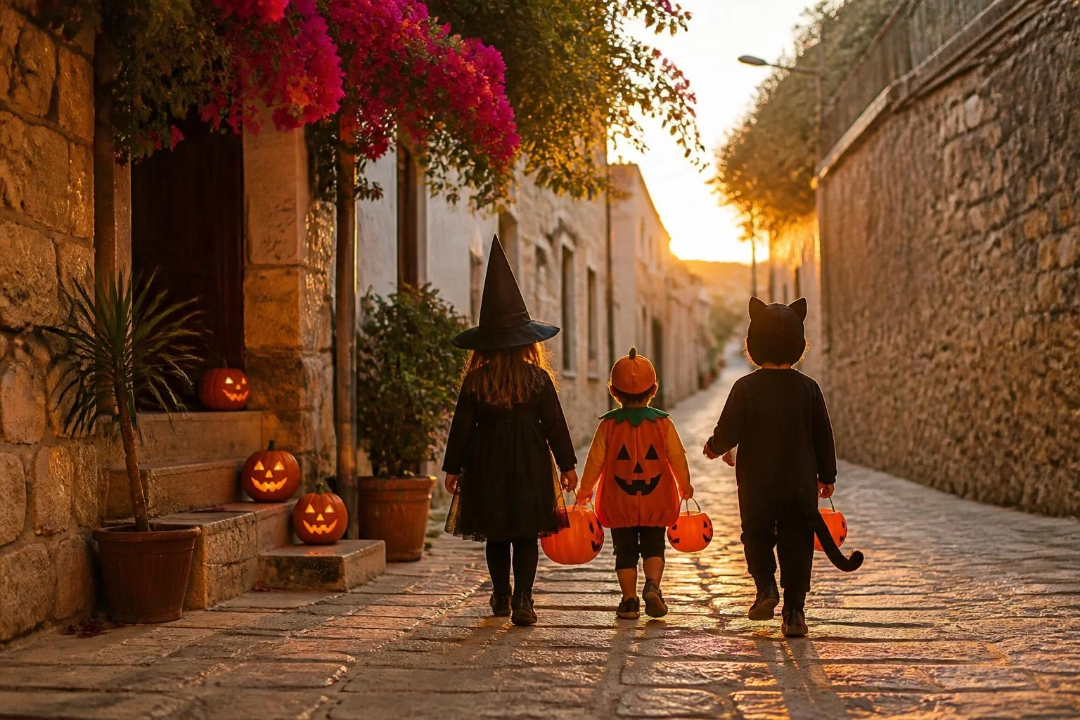 Three children in witch, pumpkin and black cat costumes walking down a stone village street lit by carved pumpkins at sunset