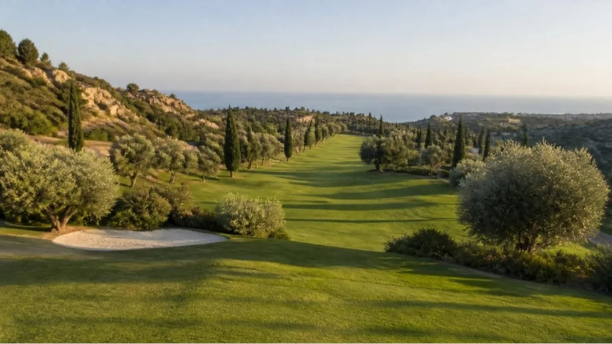 Golf fairway among cypress and olive trees with the sea in the distance