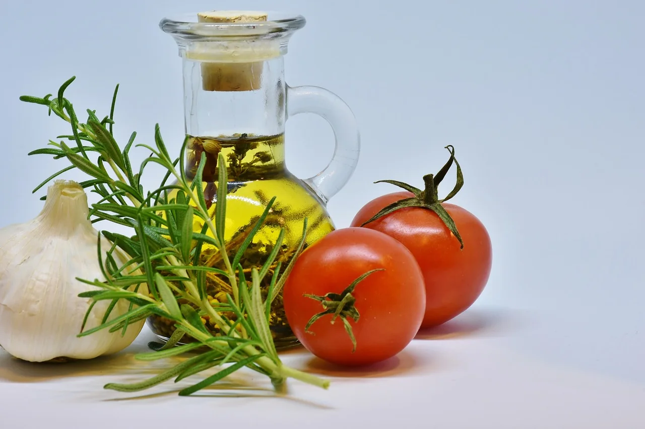 Mediterranean diet foods with fresh vegetables, pulses and olive oil, the basis of healthy eating in Cyprus