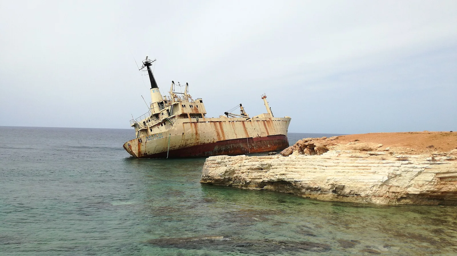 Edro III shipwreck below the clifftop at the Sea Caves, Peyia, near Oniro by the Sea