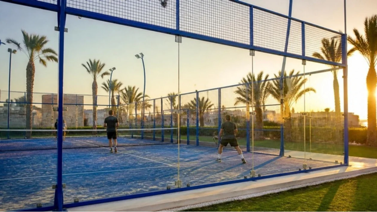 Outdoor padel court with glass walls and palm trees at sunset
