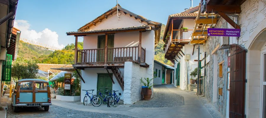 Colourful houses in the village of Kalopanagiotis, Cyprus