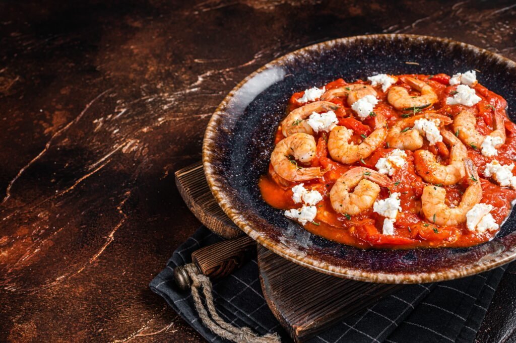Shrimp saganaki with tomato and feta in a dark dish