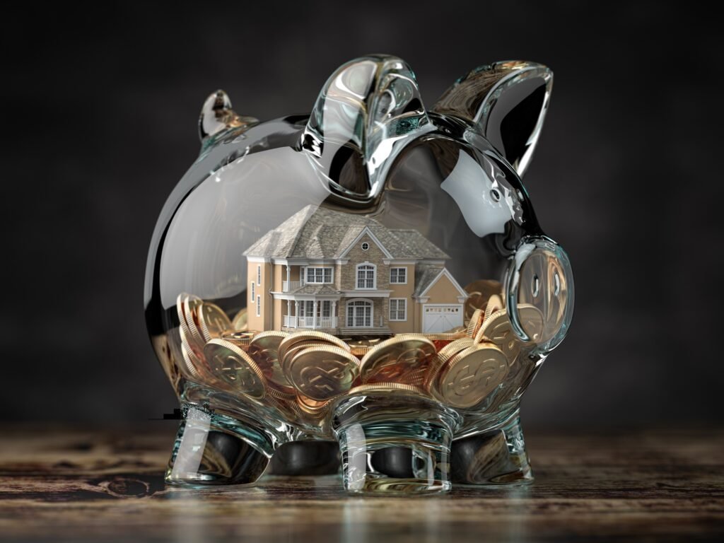 A piggy bank with coins beside a model house